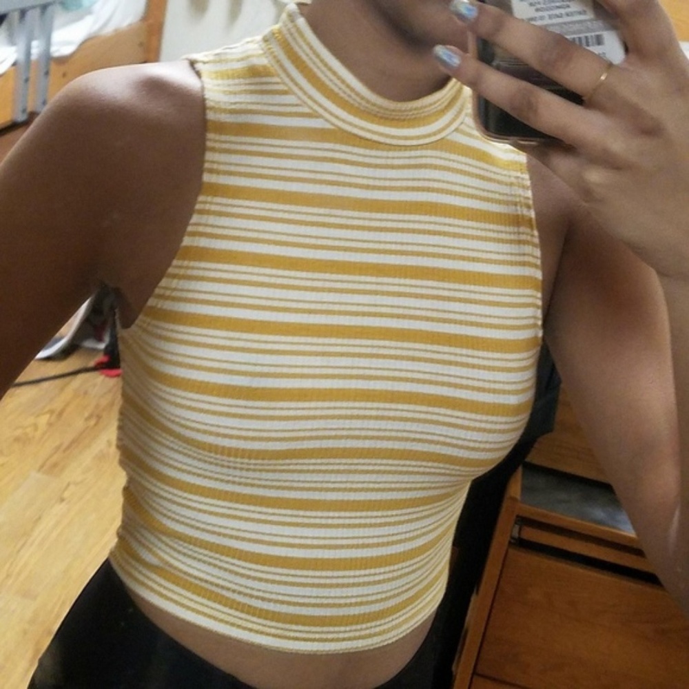 Forever 21 Yellow White Striped High Neck Crop Top